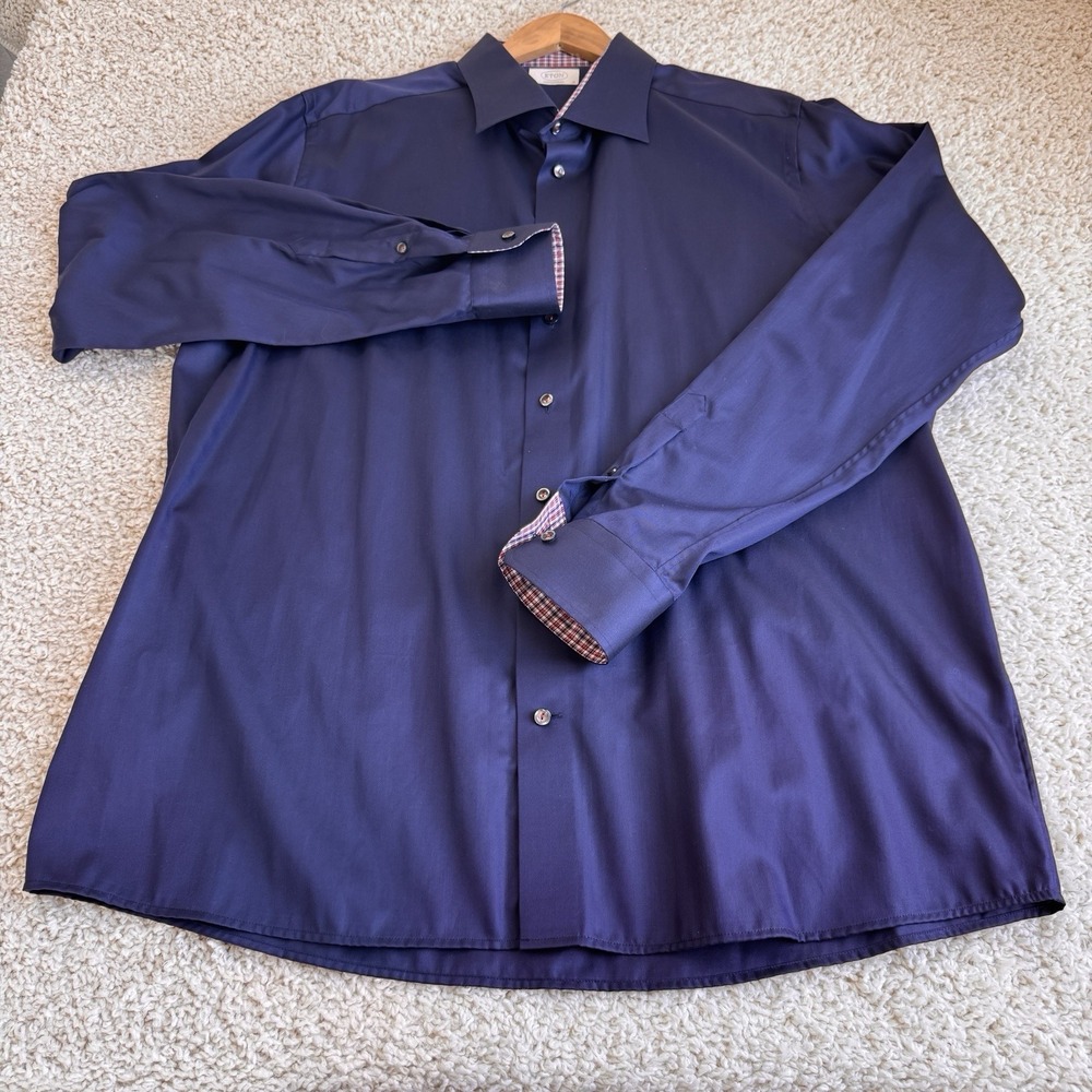 Eton Dress Shirt Mens 48 19 Navy Blue Excellent Contemporary Fit Plaid Trim